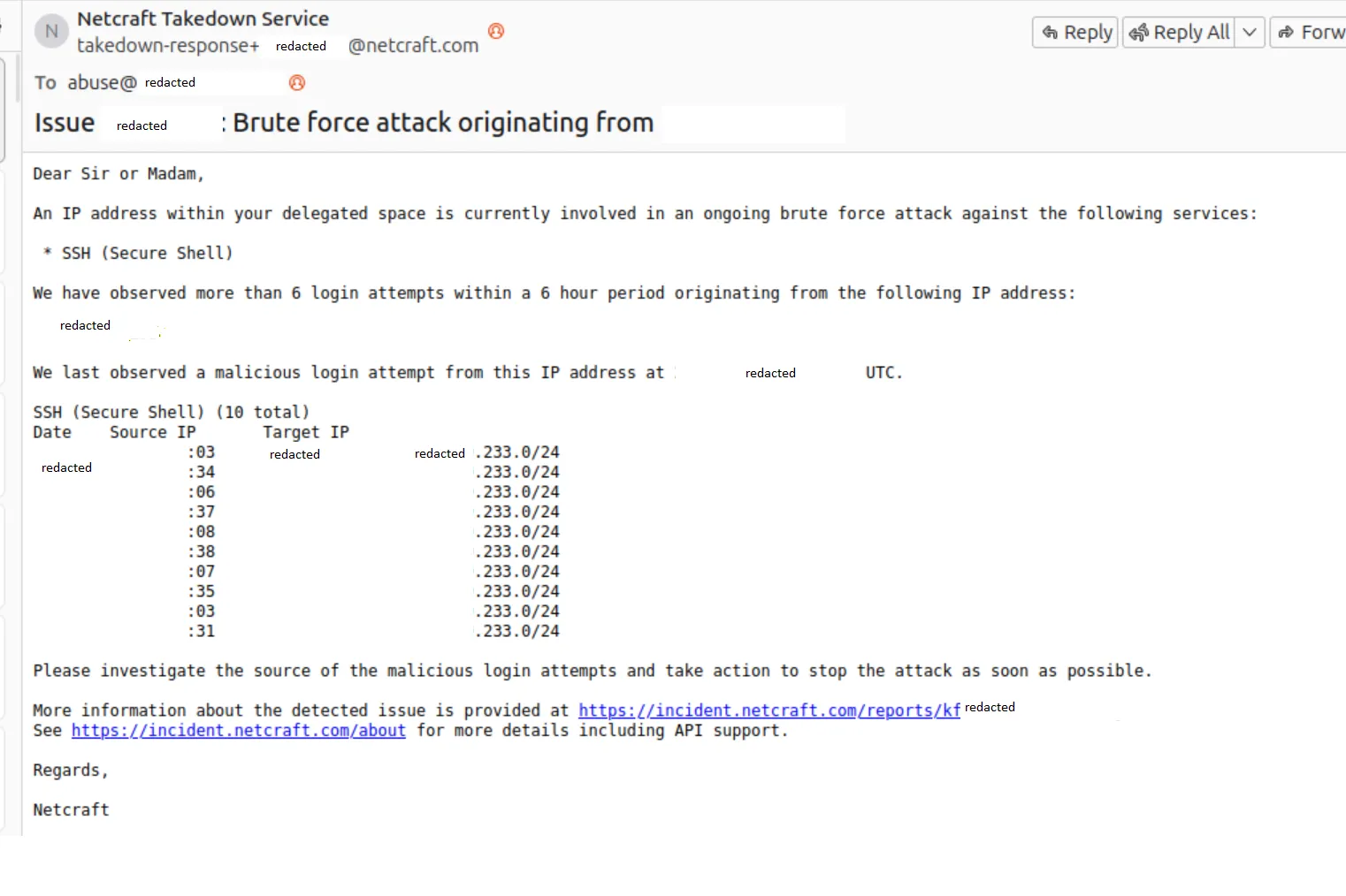 Abuse takedown email received after my server was compromised and used to attack others